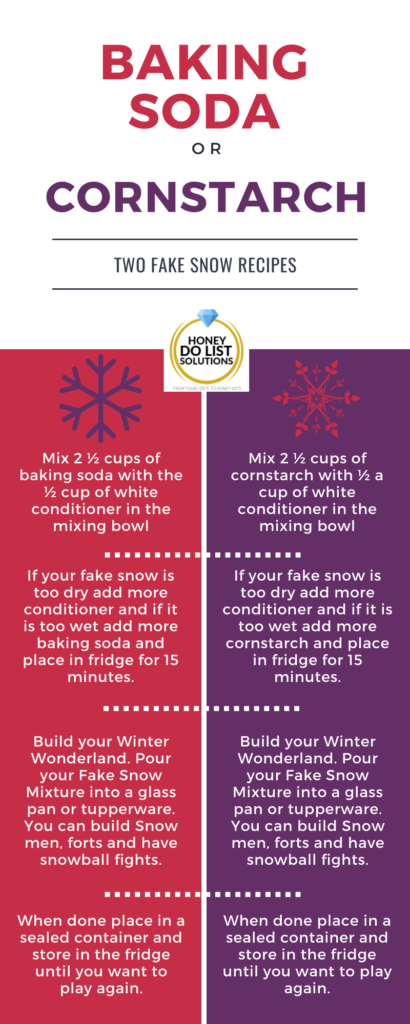 Instructions on how to make fake snow with cornstarch or baking soda. Step to making fake snow and storing in fridge